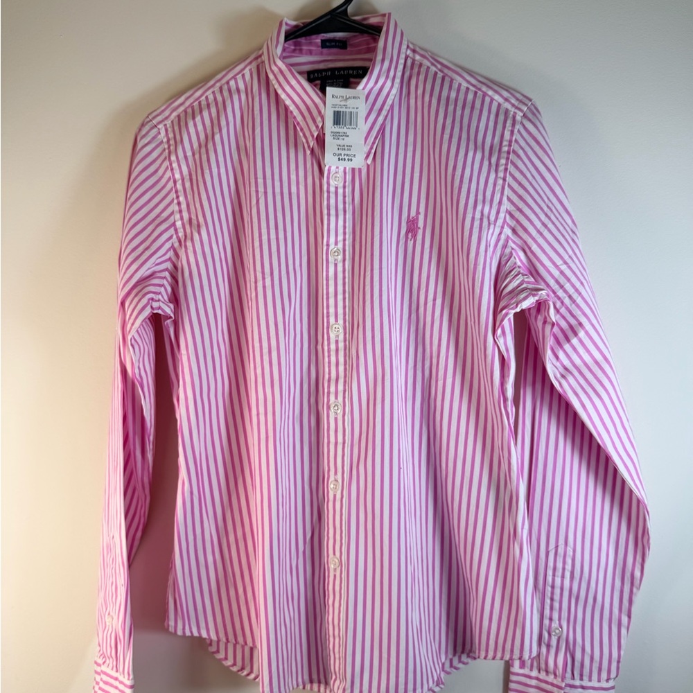 Ralph Lauren Pink & white Stripe Button-Down Shirt size12 Big Kids women’s small
